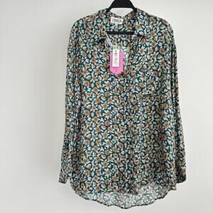 OMIKA Blouse Womens XL Floral Handmade Mod Boho Indian Print Button Up Shirt